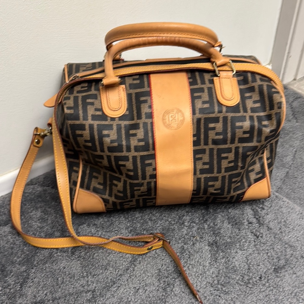Fendi Brown and Tan FF Logo Satchel with Leather Trim
